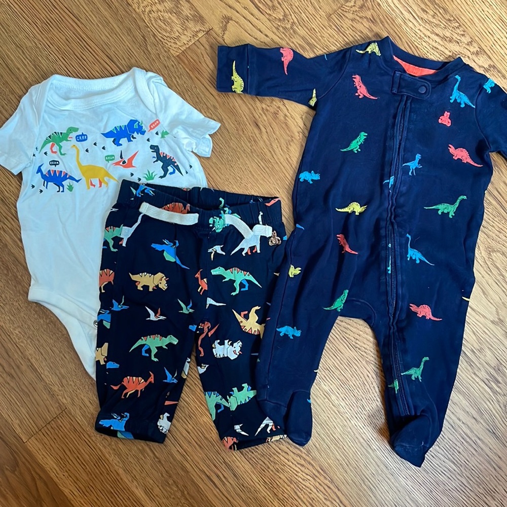 Set of 3 - Dino Outfit + Sleeper Footsie Pajamas from Baby GAP. Size 0-3 months